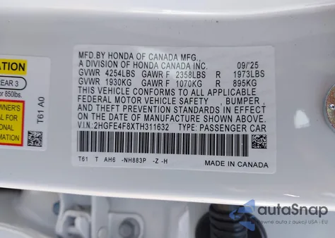 2026 Honda Civic Hybrid Sport/Sport Touring z USA, uszkodzony, nr VIN 2HGFE4F8XTH311632